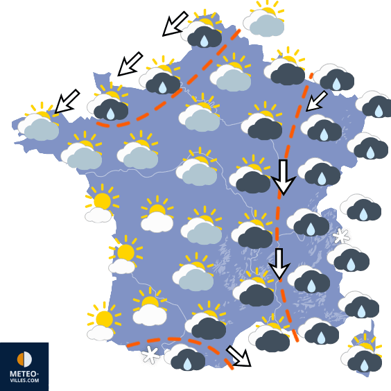 Pluies abondantes au sud-est, puis coup de vent au nord