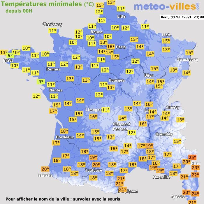 Températures minimales (°C) depuis 00h