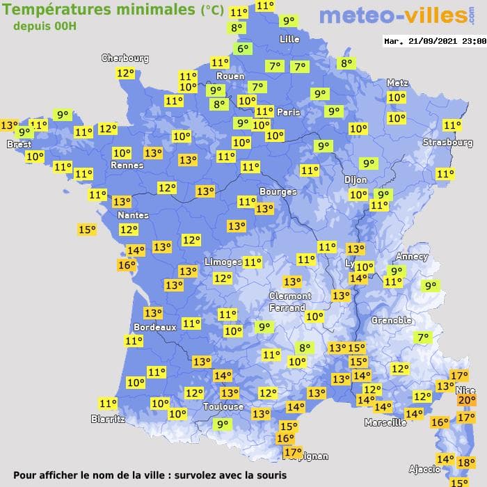 Températures minimales (°C) depuis 00h