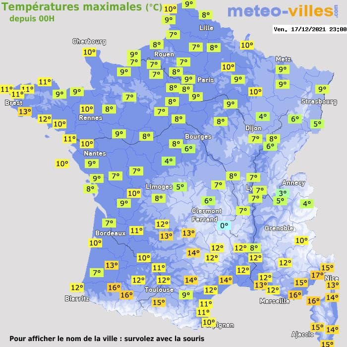 Températures maximales (°C) depuis 00h
