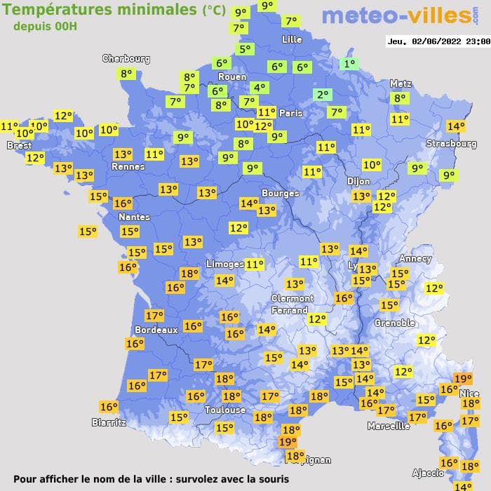 Températures minimales (°C) depuis 00h