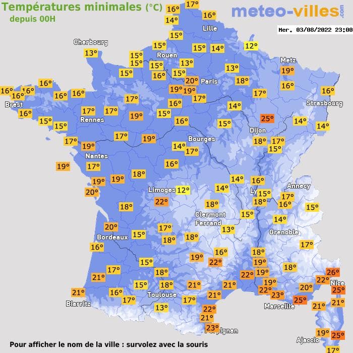 Températures minimales (°C) depuis 00h