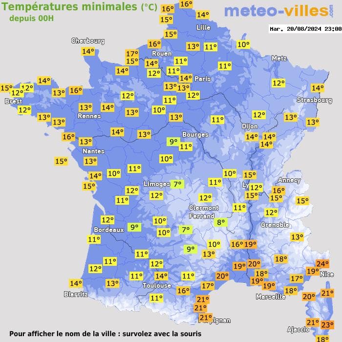 Températures minimales (°C) depuis 00h