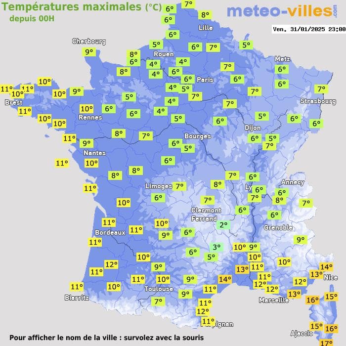 Températures maximales (°C) depuis 00h