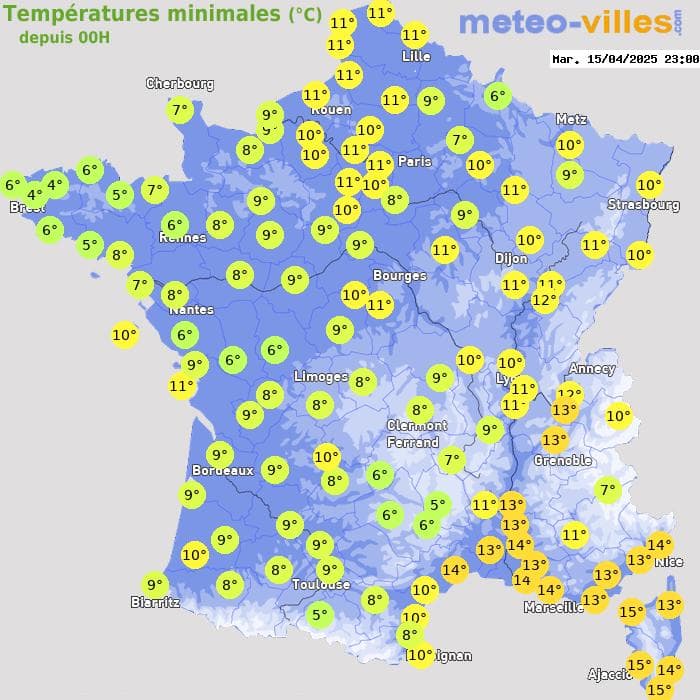 Températures minimales (°C) depuis 00h