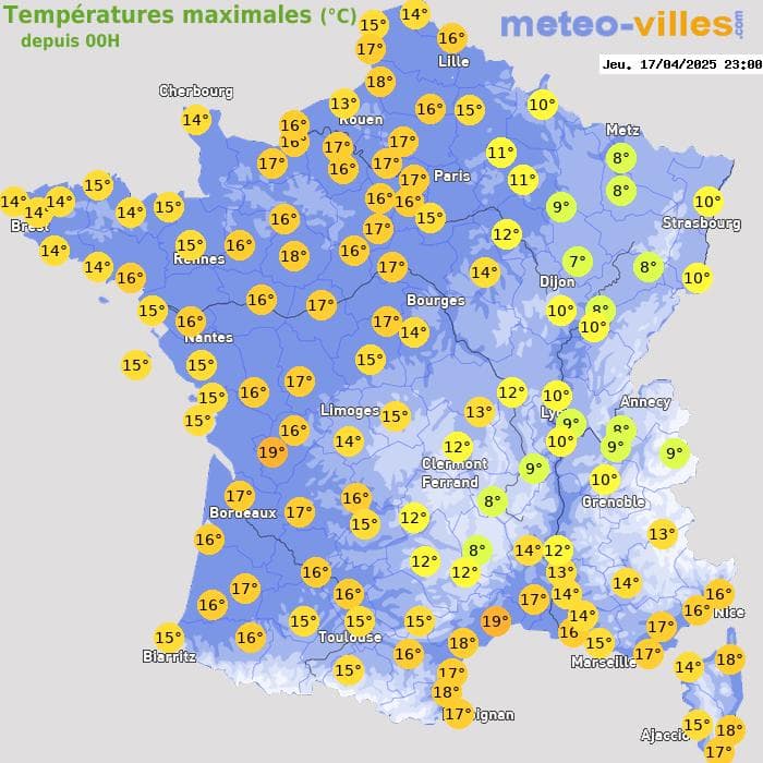 Températures maximales (°C) depuis 00h