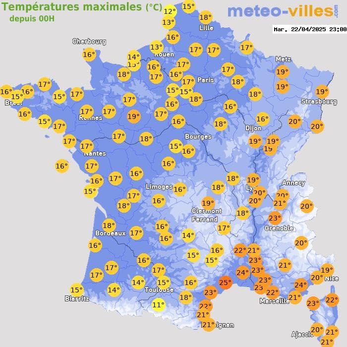 Températures maximales (°C) depuis 00h