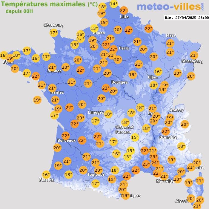 Températures maximales (°C) depuis 00h