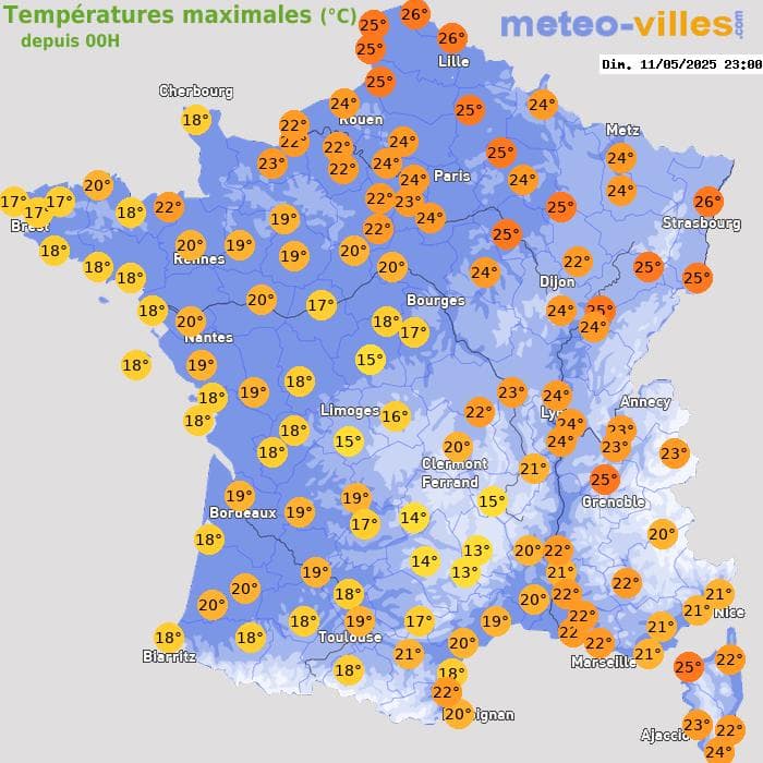 Températures maximales (°C) depuis 00h