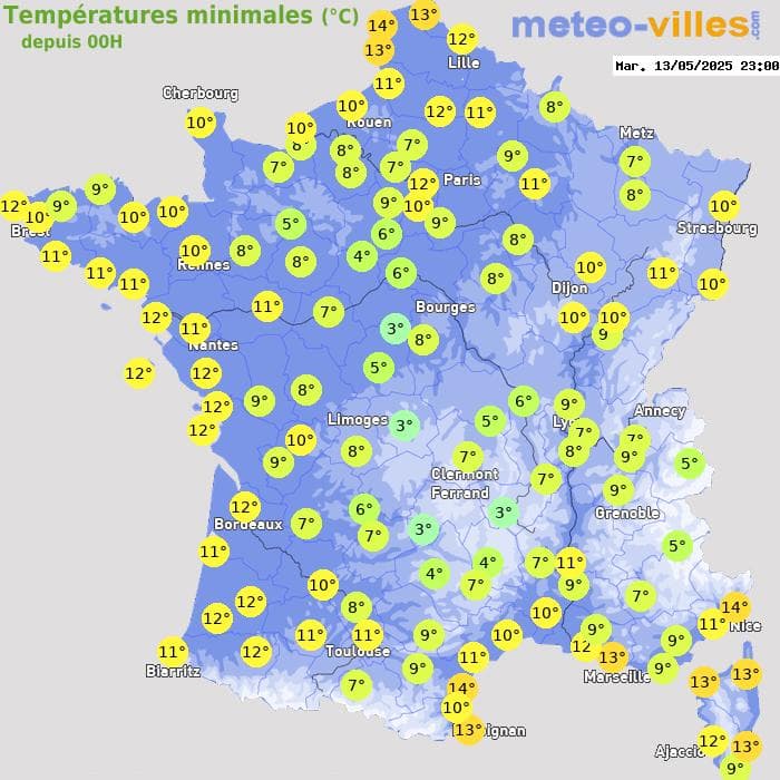 Températures minimales (°C) depuis 00h