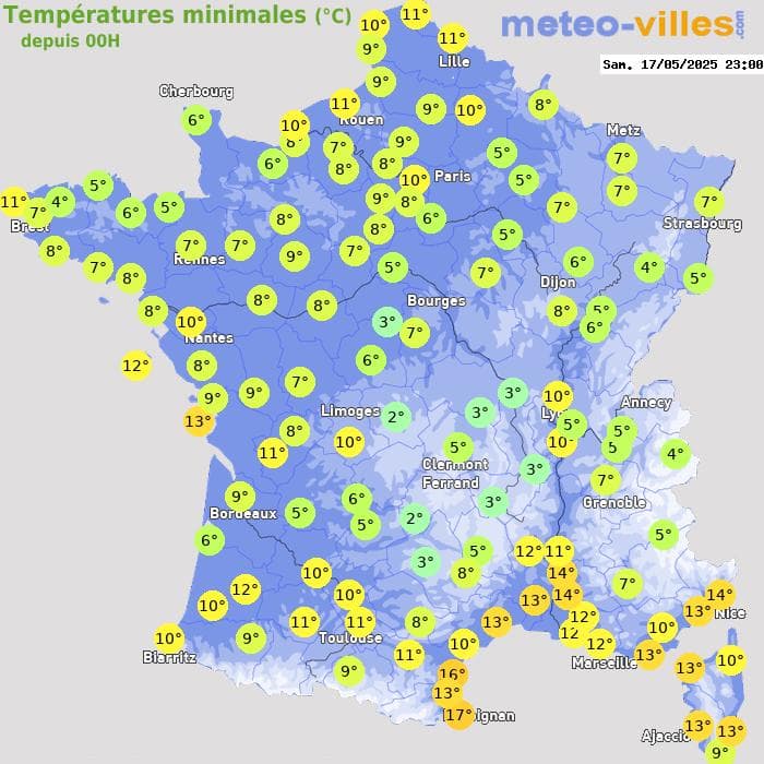 Températures minimales (°C) depuis 00h