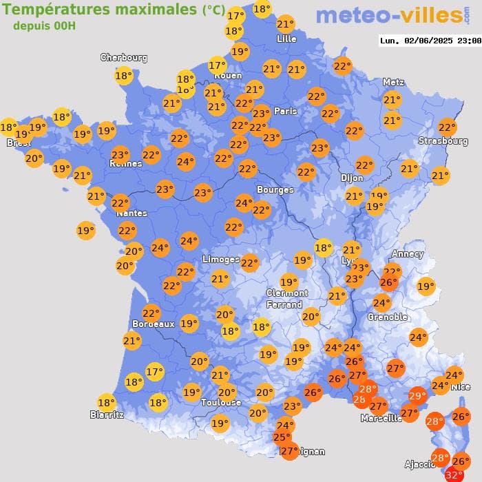 Températures maximales (°C) depuis 00h