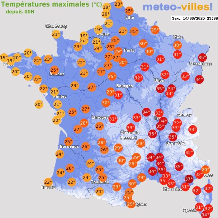 Températures maximales (°C) depuis 00h