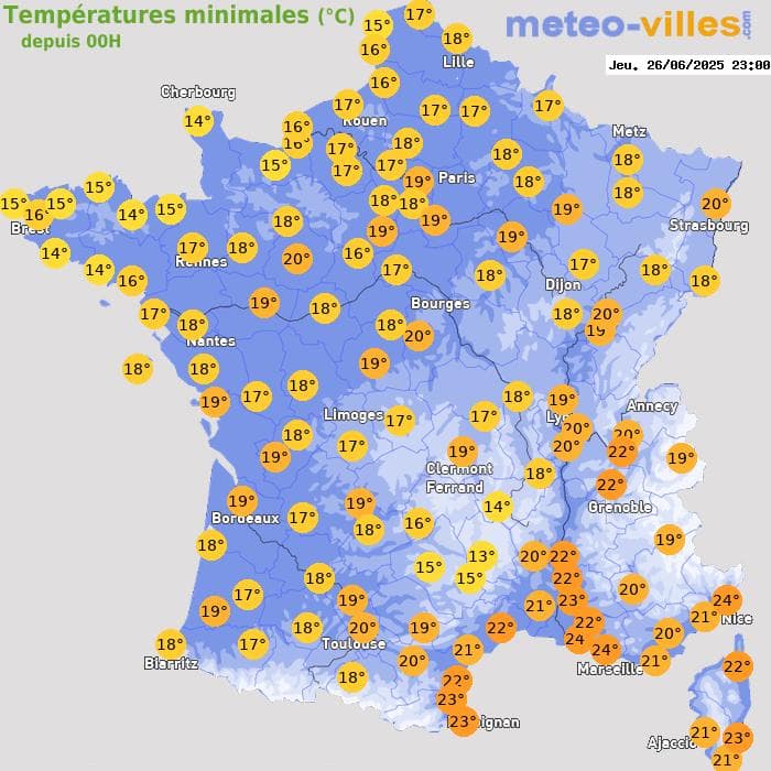 Températures minimales (°C) depuis 00h