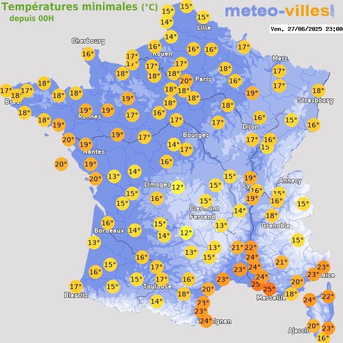 Températures minimales (°C) depuis 00h