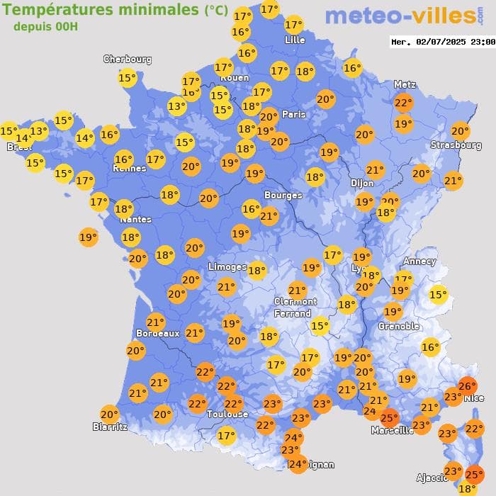 Températures minimales (°C) depuis 00h