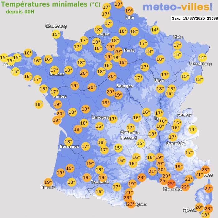 Températures minimales (°C) depuis 00h