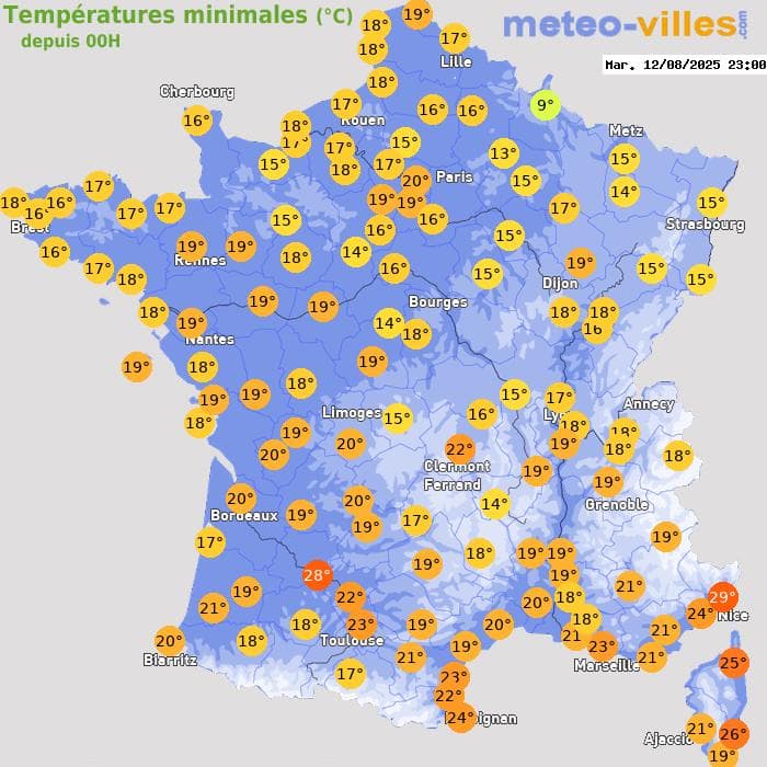 Températures minimales (°C) depuis 00h
