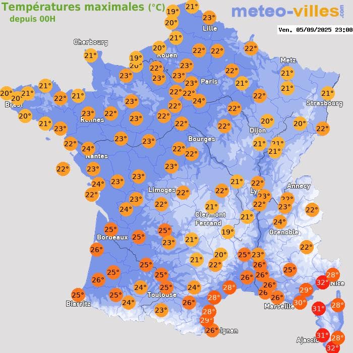 Températures maximales (°C) depuis 00h