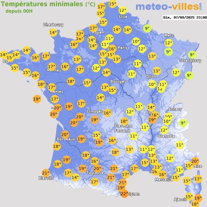Températures minimales (°C) depuis 00h
