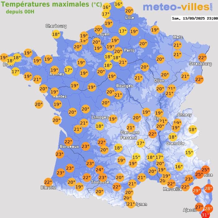 Températures maximales (°C) depuis 00h