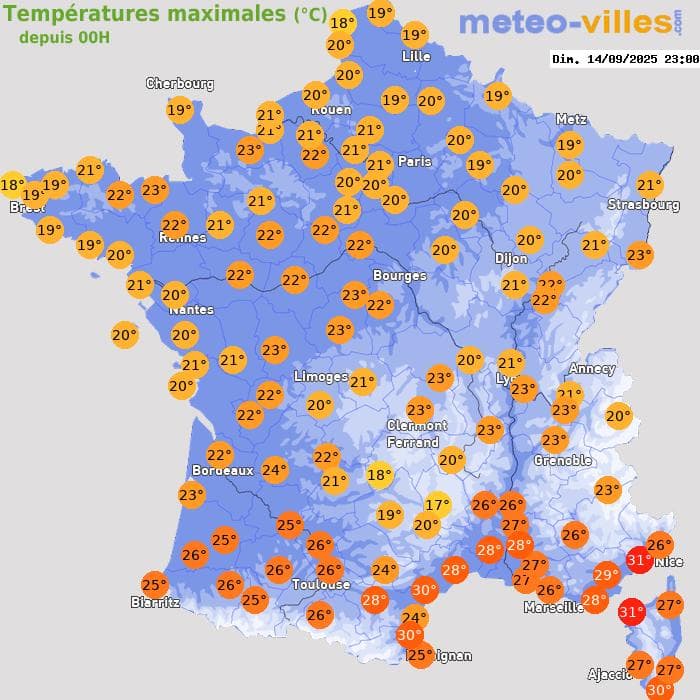 Températures maximales (°C) depuis 00h