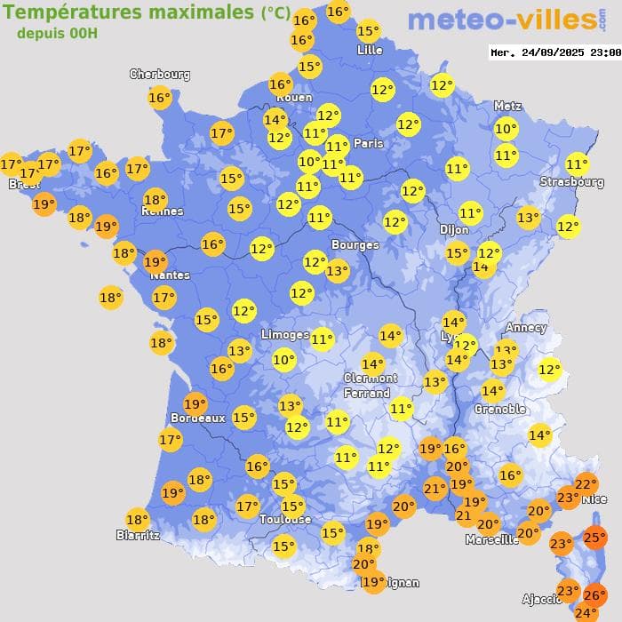 Températures maximales (°C) depuis 00h