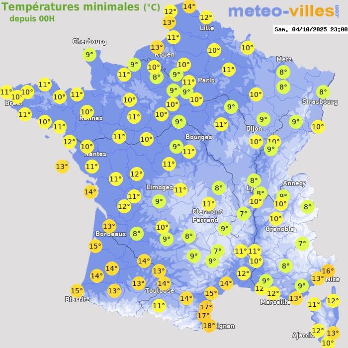 Températures minimales (°C) depuis 00h