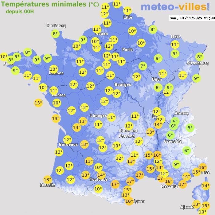 Températures minimales (°C) depuis 00h