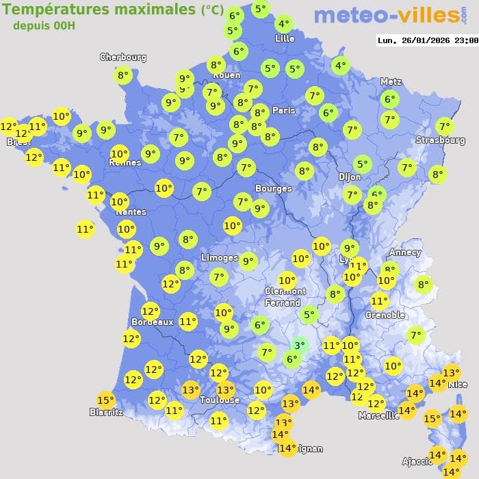 Températures maximales (°C) depuis 00h