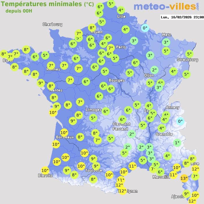 Températures minimales (°C) depuis 00h
