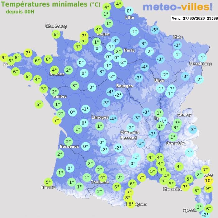 Températures minimales (°C) depuis 00h