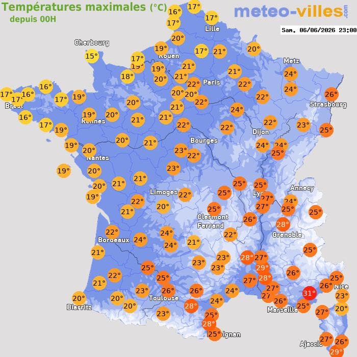 Températures maximales (°C) depuis 00h