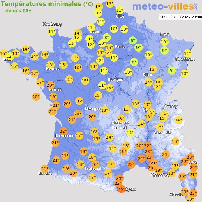 Températures minimales (°C) depuis 00h