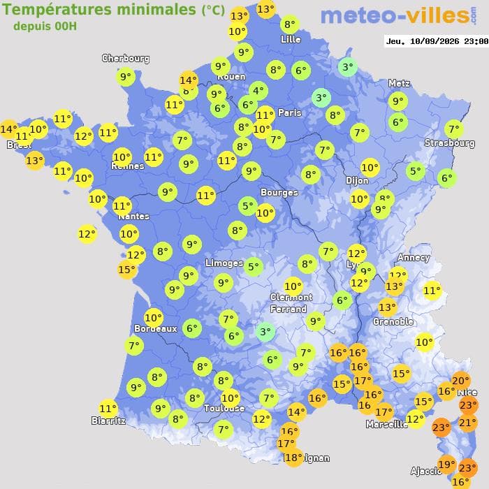 Températures minimales (°C) depuis 00h