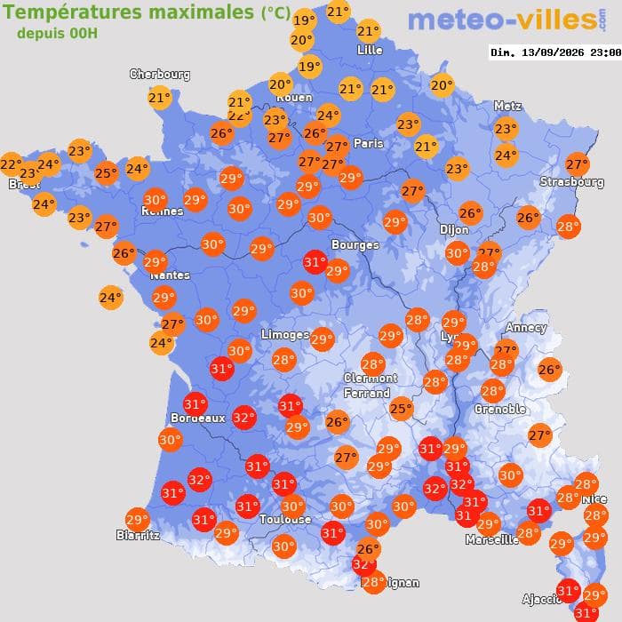 Températures maximales (°C) depuis 00h