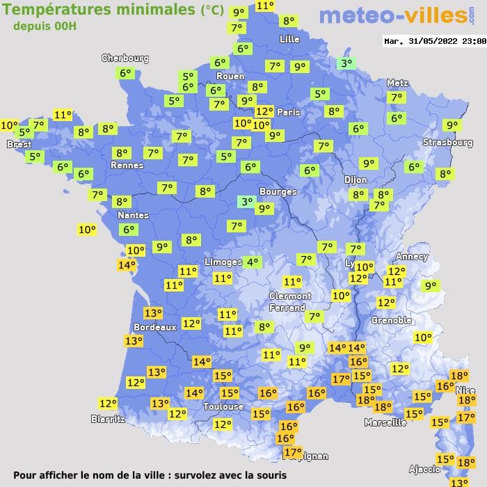 Températures minimales (°C) depuis 00h