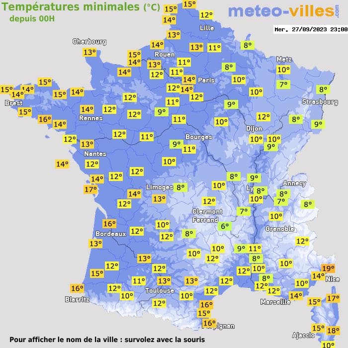 Températures minimales (°C) depuis 00h