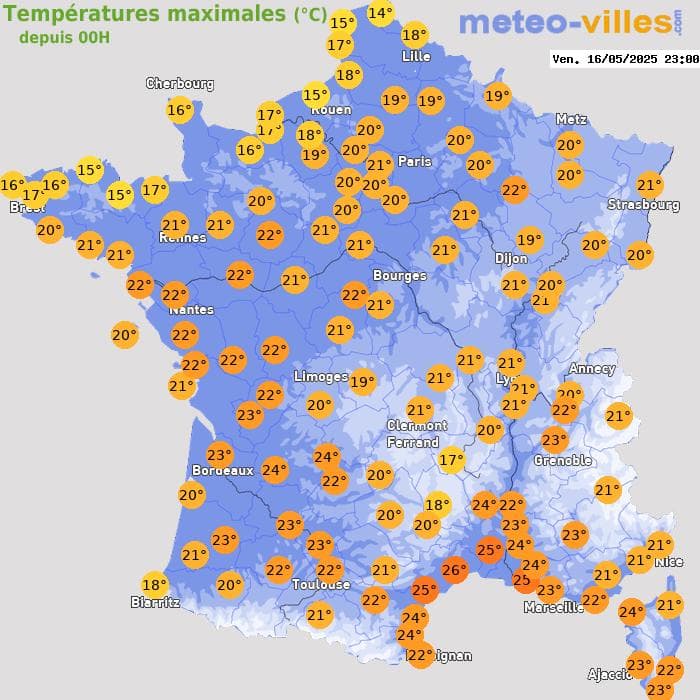 Températures maximales (°C) depuis 00h