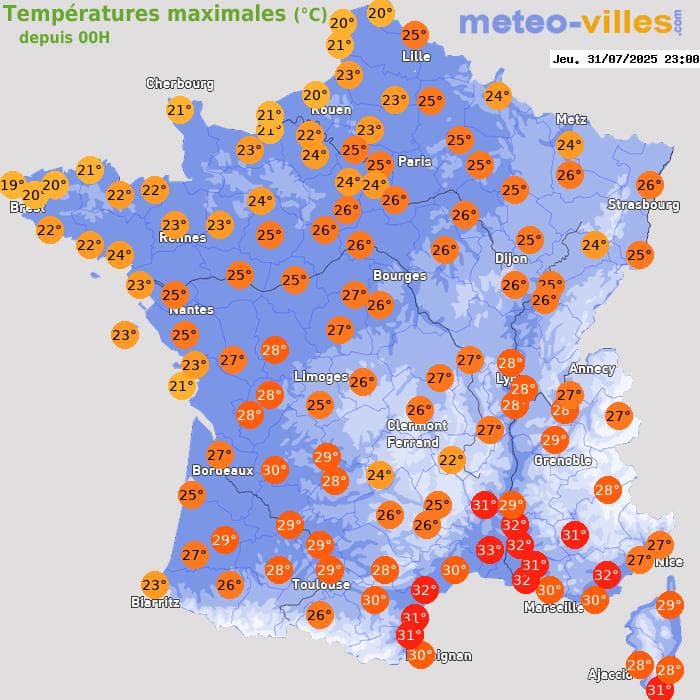 Températures maximales (°C) depuis 00h