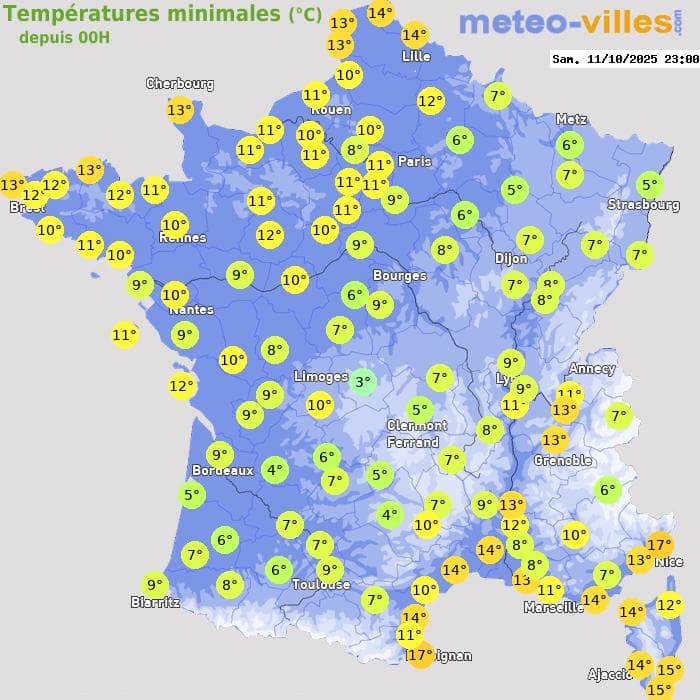 Températures minimales (°C) depuis 00h