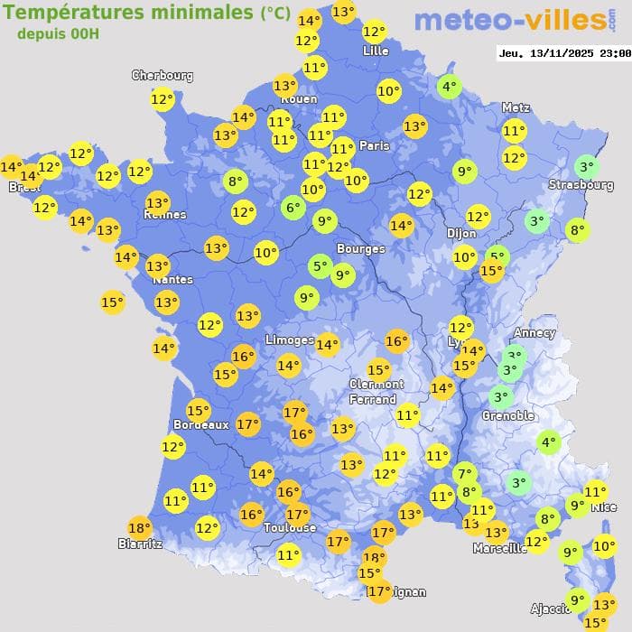 Températures minimales (°C) depuis 00h