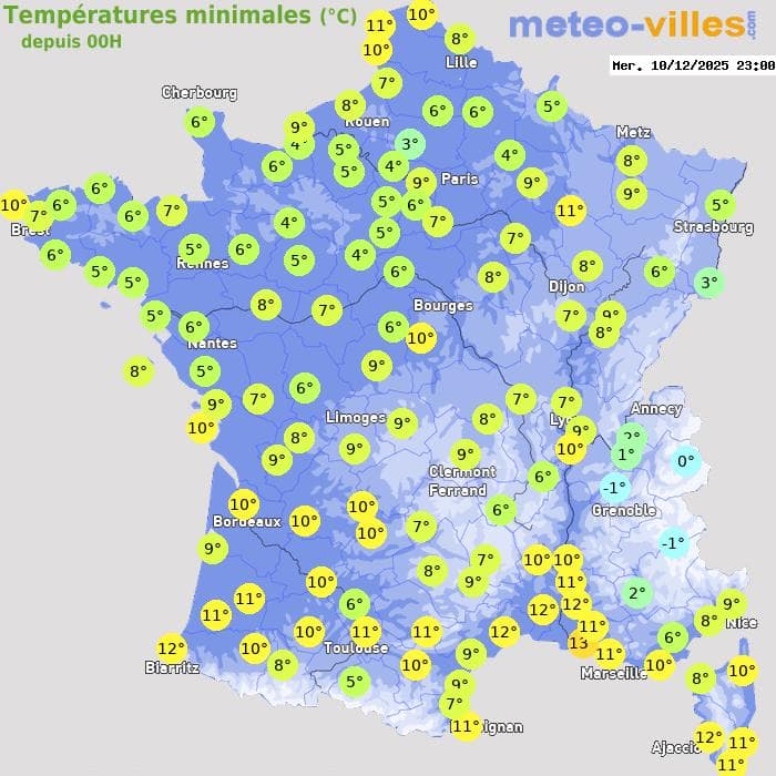 Températures minimales (°C) depuis 00h