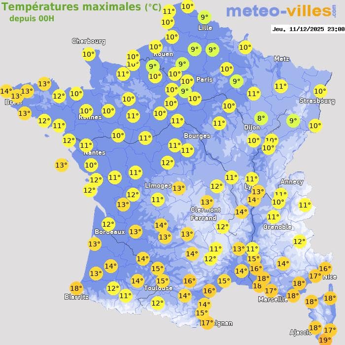 Températures maximales (°C) depuis 00h