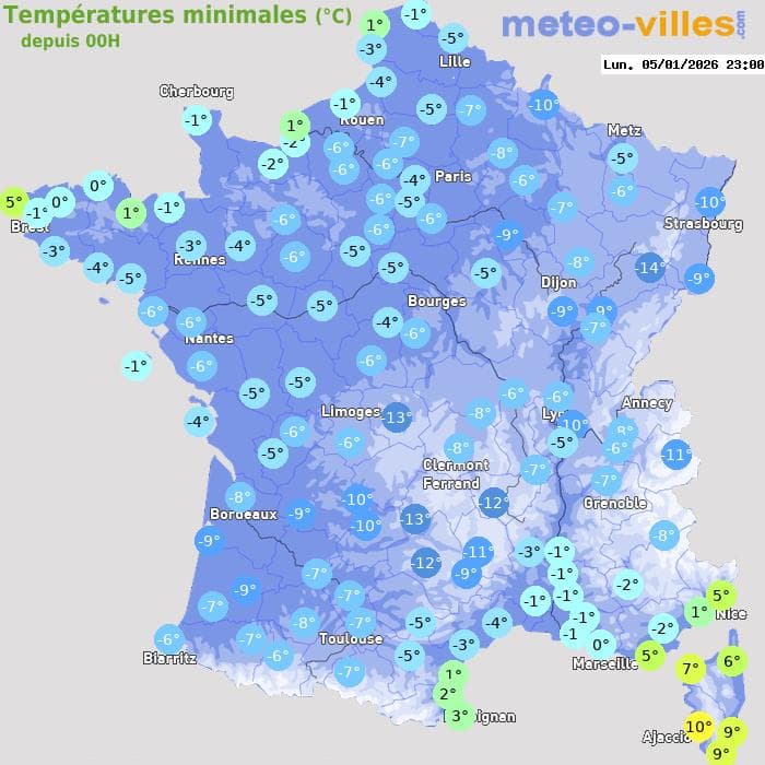 Températures minimales (°C) depuis 00h