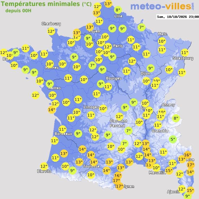 Températures minimales (°C) depuis 00h