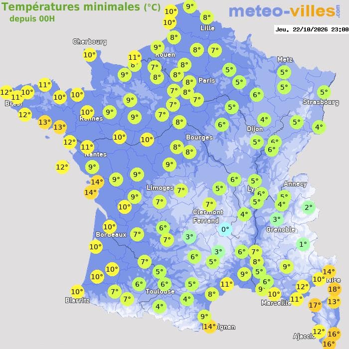 Températures minimales (°C) depuis 00h